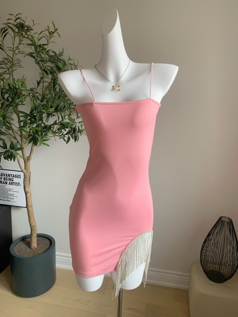 Adika Pink Rhinestone Fringe Bodycon Mini Dress S NWT Party